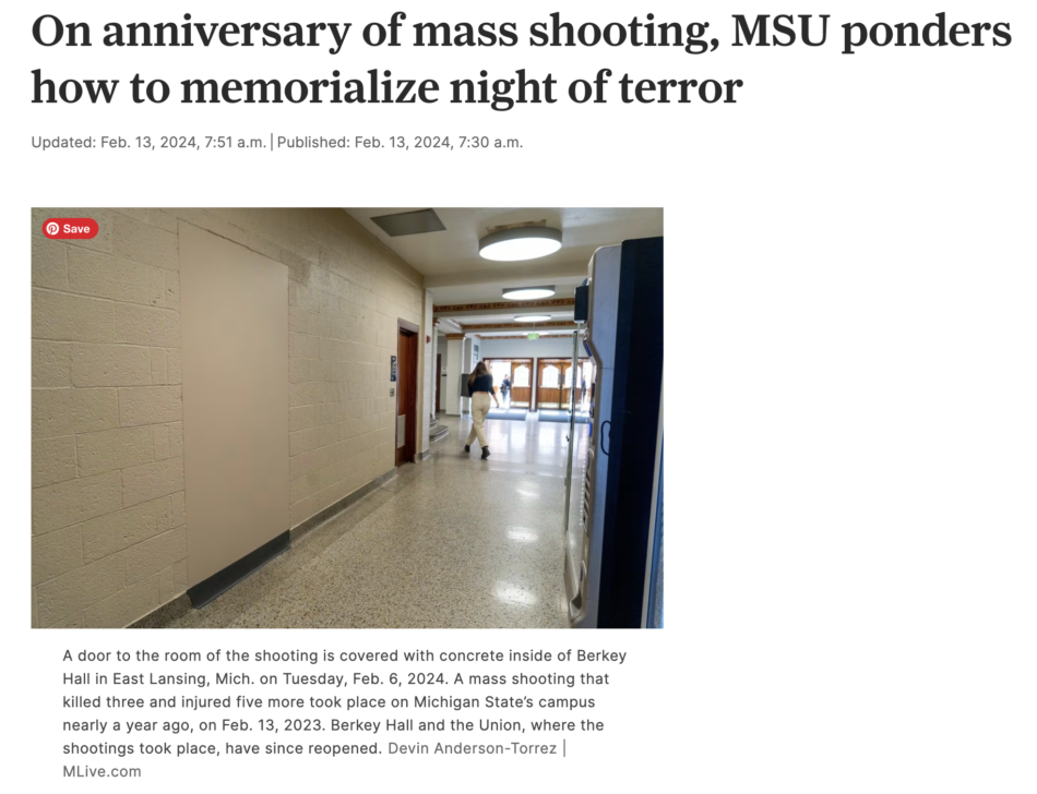 A screenshot of an article on MLive about the MSU Museum's work to preserve the memorial items from the 2/13 campus tragedy.